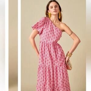 Tuckernuck Hyacinth House Pink Geo Floral One-Shoulder Dress Cottagecore Small